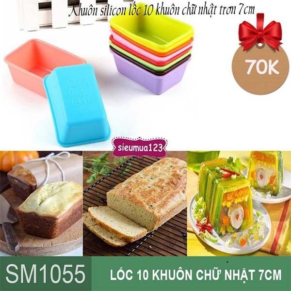 Lốc 10 khuôn silicon chữ nhật trơn để hấp bánh bột lọc 7cm ( SM1055 )