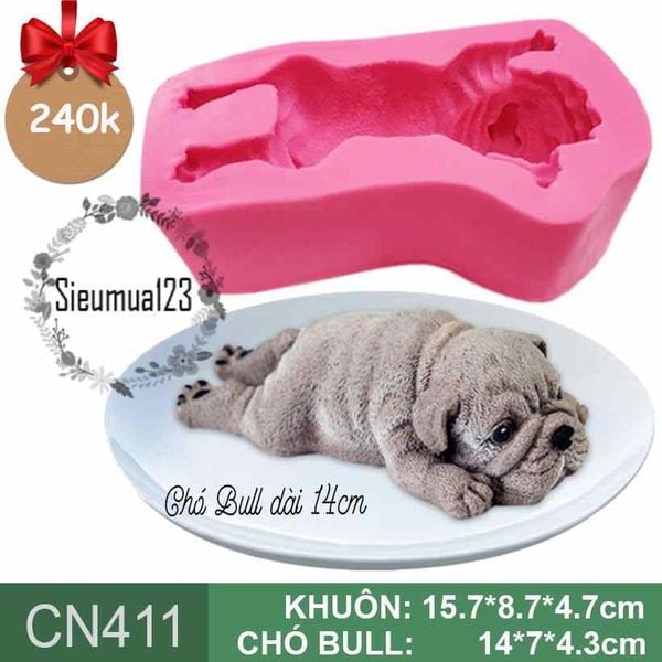 Khuôn silicon con chó Bull Anh nằm dài 14cm ( CN411 )