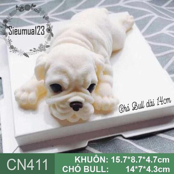 Khuôn silicon con chó Bull Anh nằm dài 14cm ( CN411 )