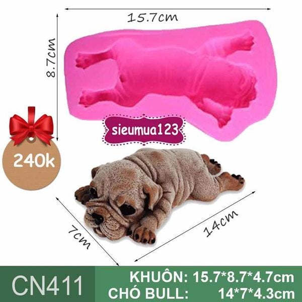 Khuôn silicon con chó Bull Anh nằm dài 14cm ( CN411 )