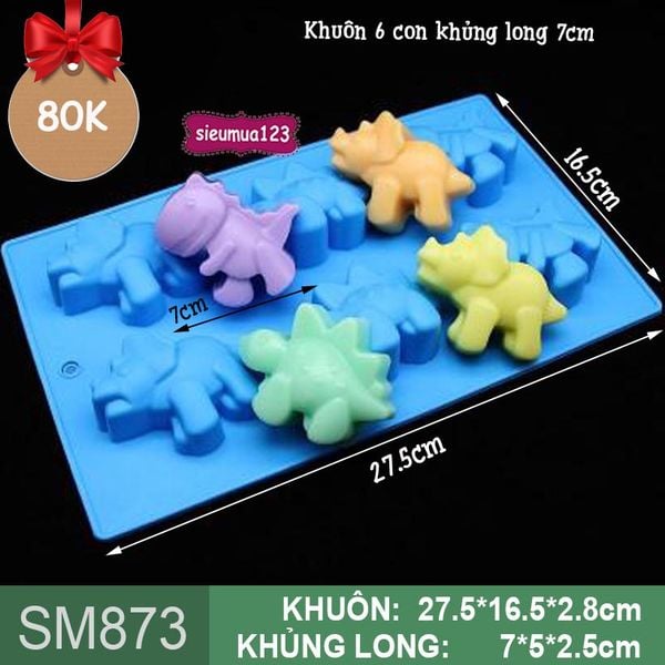 Khuôn nướng bánh silicon 6 con khủng long 7cm ( SM873 ) CÒN NHIỀU