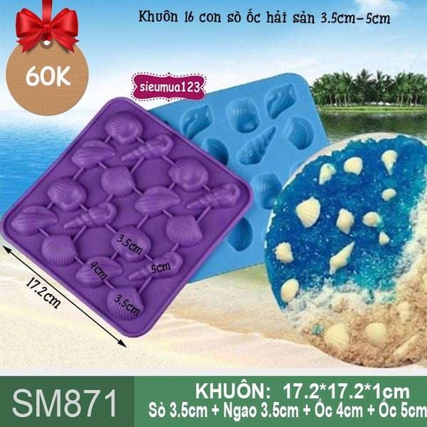 Khuôn silicon trà sữa 16 con sò ốc hải sản 3,5cm-5cm ( SM871 )