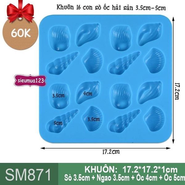 Khuôn silicon trà sữa 16 con sò ốc hải sản 3,5cm-5cm ( SM871 )
