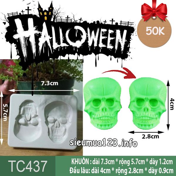 Khuôn silicon làm rau câu 2 đầu lâu Halloween 4cm ( TC437 )