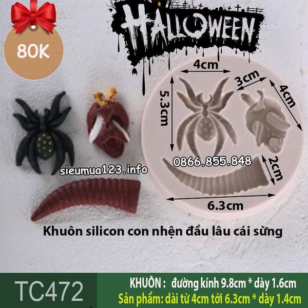 Khuôn silicon Halloween con nhện đầu lâu cái sừng ( TC472 )