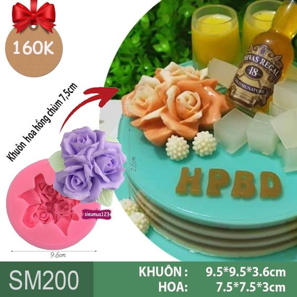 Khuôn silicon hoa hồng chùm 3 bông kèm lá 7,5cm ( SM200 )