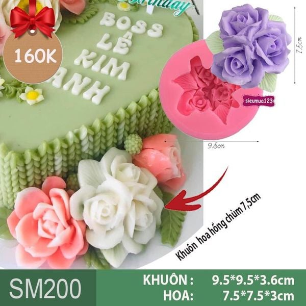 Khuôn silicon hoa hồng chùm 3 bông kèm lá 7,5cm ( SM200 )