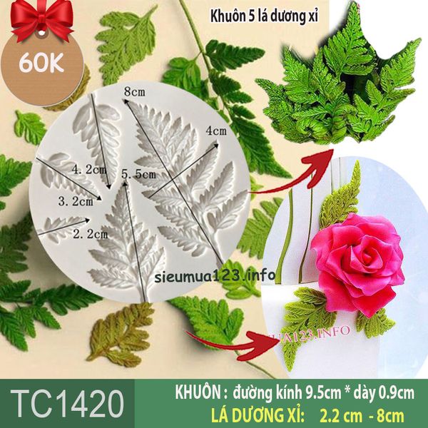Khuôn silicon 5 lá dương xỉ lớn nhỏ ( TC1420 )