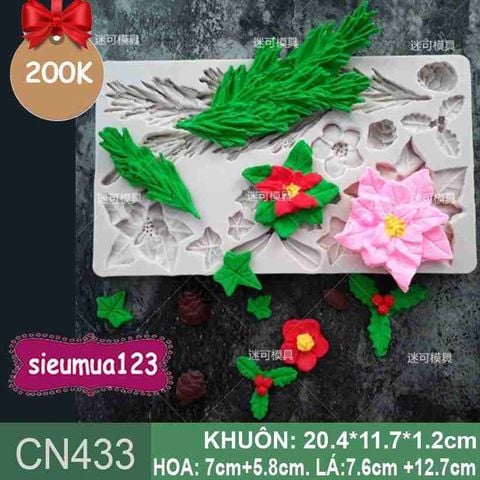 Khuôn rau câu silicon 4d Noel : Khuôn ốp viền hoa trạng nguyên và lá thông ( CN433 )