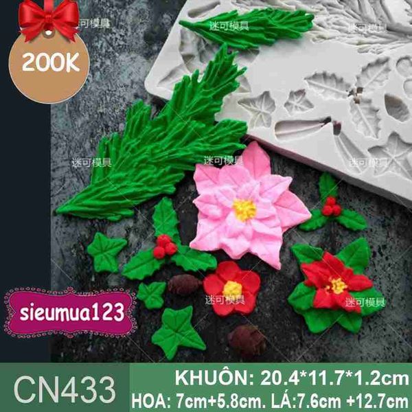 Khuôn rau câu silicon 4d Noel : Khuôn ốp viền hoa trạng nguyên và lá thông ( CN433 )