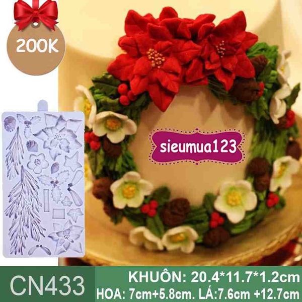 Khuôn rau câu silicon 4d Noel : Khuôn ốp viền hoa trạng nguyên và lá thông ( CN433 )