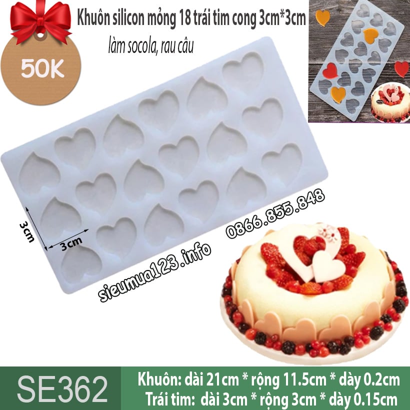 Khuôn silicon làm socola mỏng 18 trái tim cong 3cm ( SE362 )