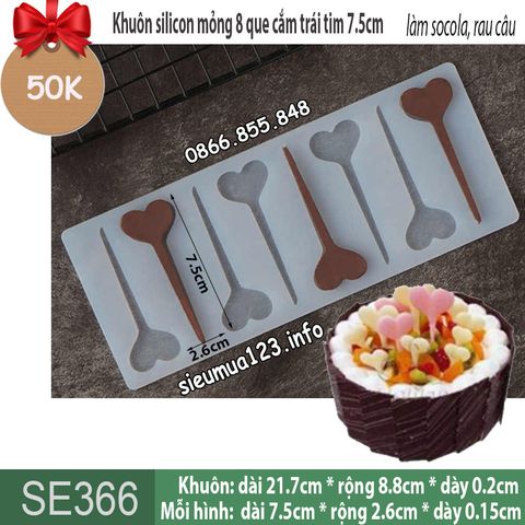 Khuôn silicon làm socola mỏng 8 que cắm trái tim dài 7,5cm ( SE366 )