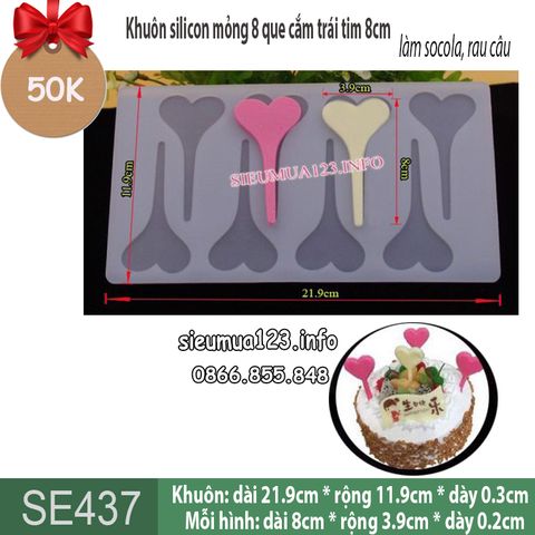 Khuôn silicon làm socola mỏng 8 que cắm trái tim lớn 8cm ( SE437 )