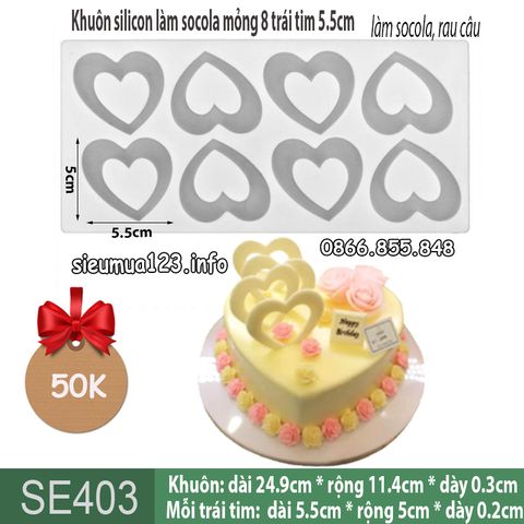 Khuôn silicon làm socola mỏng 8 trái tim 5.5cm ( SE403 )
