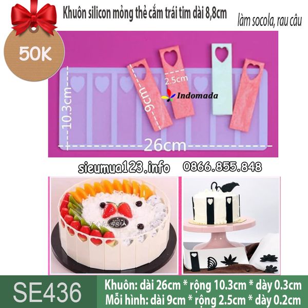Khuôn silicon làm socola mỏng thẻ cắm trái tim dài 8,8cm ( SE436 )
