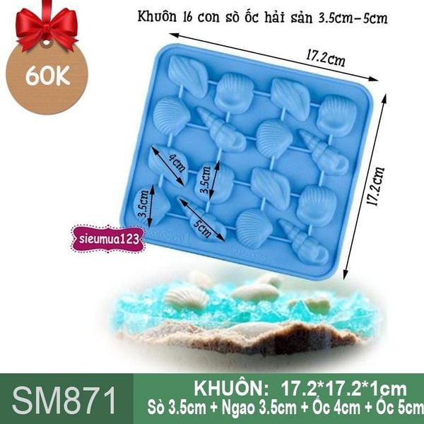 Khuôn silicon trà sữa 16 con sò ốc hải sản 3,5cm-5cm ( SM871 )
