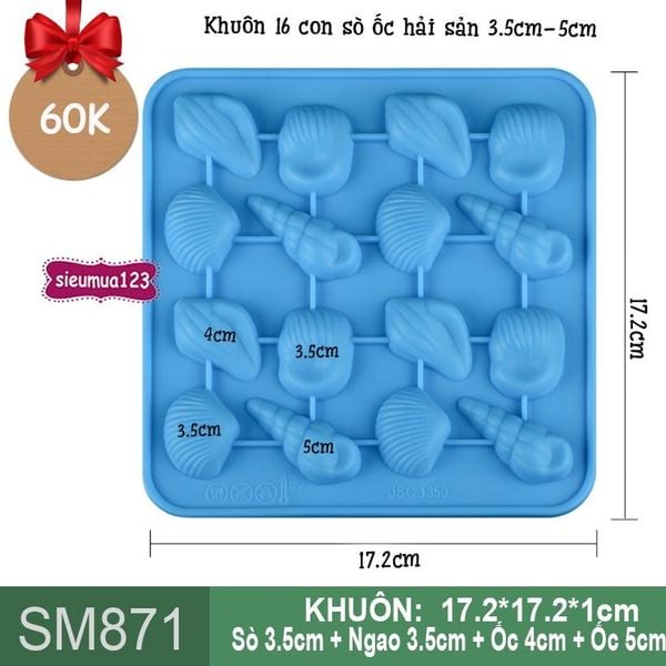 Khuôn silicon trà sữa 16 con sò ốc hải sản 3,5cm-5cm ( SM871 )