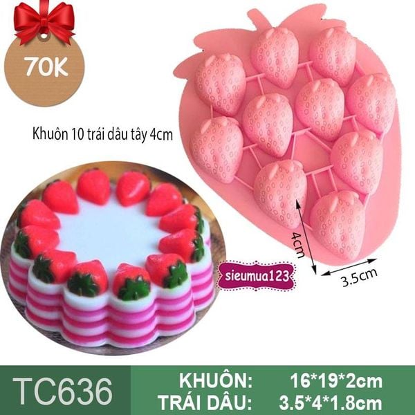Khuôn silicon 10 trái dâu tây 4cm  ( TC636 )