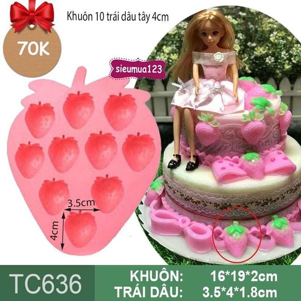Khuôn silicon 10 trái dâu tây 4cm  ( TC636 )