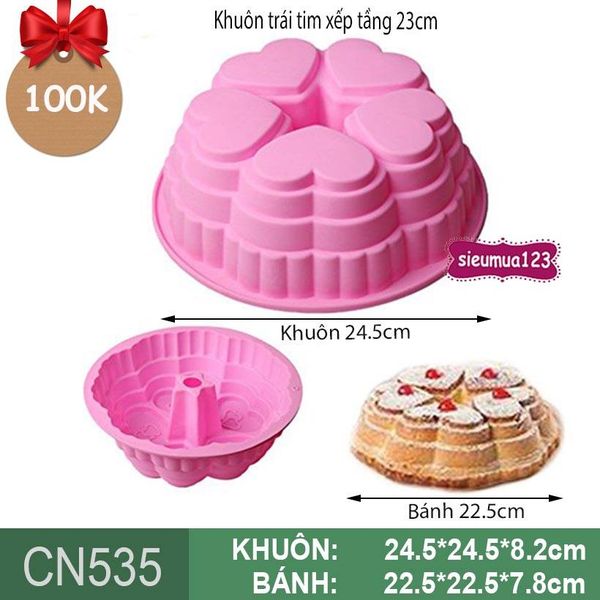 Khuôn nướng bánh silicon tròn to 5 trái tim xếp tầng 23cm ( CN535 )