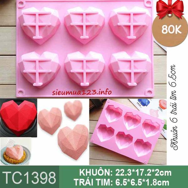 Khuôn silicon 6 trái tim kim cương 6,5cm ( TC1398 )