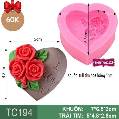 Khuôn rau câu silicon trái tim hoa hồng 5cm ( TC194 )