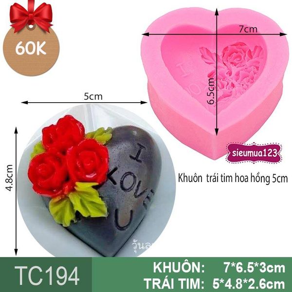 Khuôn rau câu silicon trái tim hoa hồng 5cm ( TC194 )