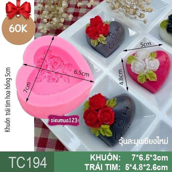 Khuôn rau câu silicon trái tim hoa hồng 5cm ( TC194 )