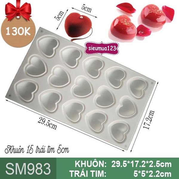 Khuôn mousse silicon 15 trái tim 5cm ( SM983 ) còn 2 cái