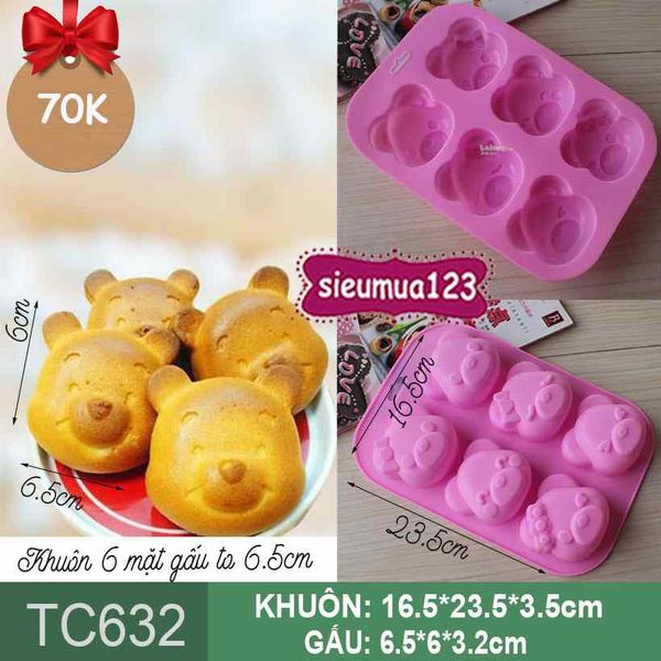 Khuôn silicon 6 mặt con gấu to 6,5cm ( TC632 )