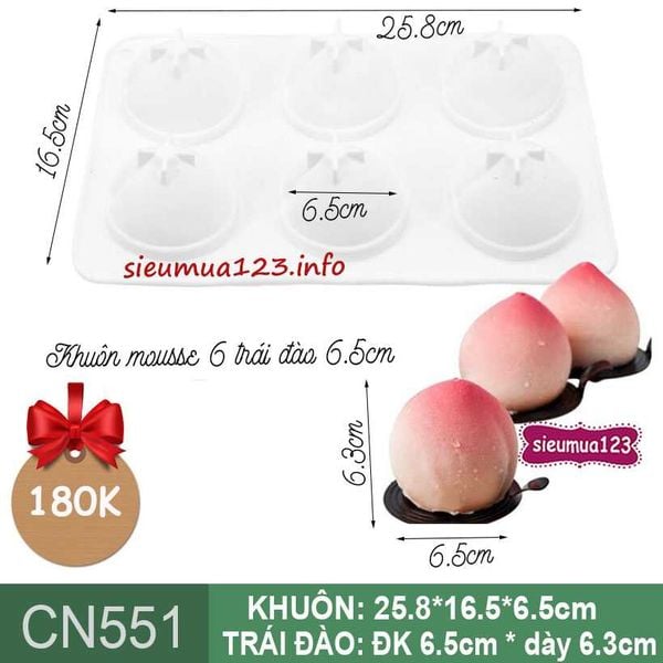 Khuôn bánh mousse silicon : Khuôn 6 trái đào 6,5cm ( CN551 ) KHUÔN MỎNG ( CÒN NHIỀU )