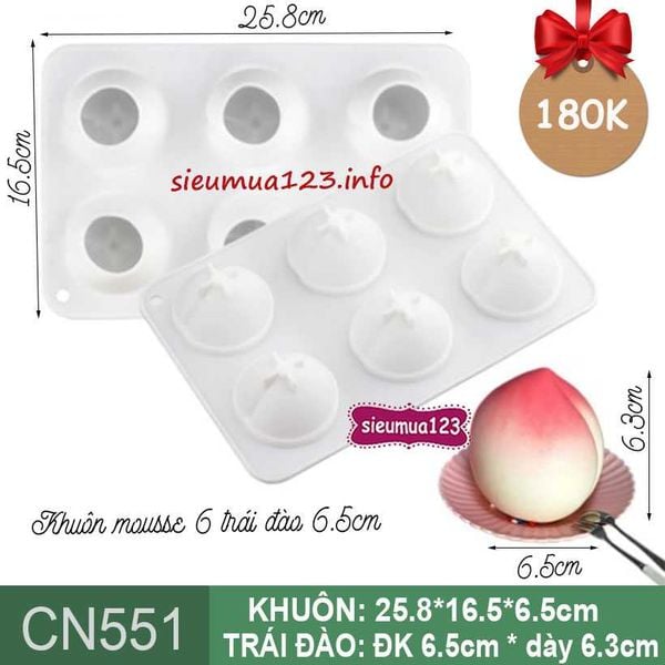 Khuôn bánh mousse silicon : Khuôn 6 trái đào 6,5cm ( CN551 ) KHUÔN MỎNG ( CÒN NHIỀU )