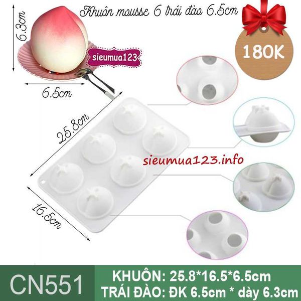 Khuôn bánh mousse silicon : Khuôn 6 trái đào 6,5cm ( CN551 ) KHUÔN MỎNG ( CÒN NHIỀU )