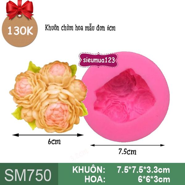 Khuôn rau câu silicon 4d chùm hoa mẫu đơn 6cm ( SM750 )
