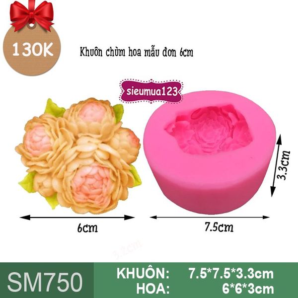 Khuôn rau câu silicon 4d chùm hoa mẫu đơn 6cm ( SM750 )