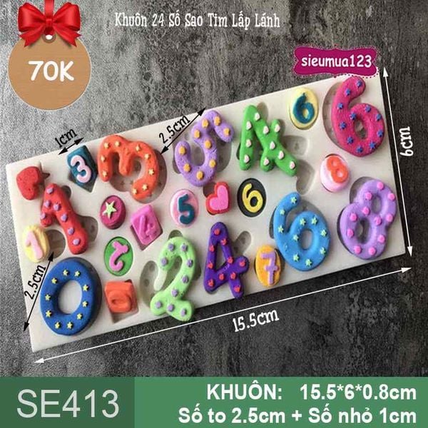 Khuôn Silicon 24 Số Sao Tim Lấp Lánh 2,5cm ( SE413 )