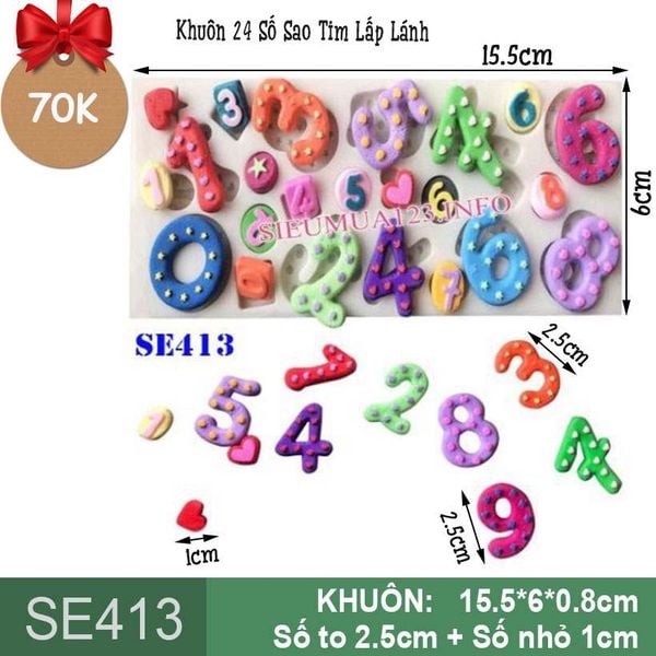 Khuôn Silicon 24 Số Sao Tim Lấp Lánh 2,5cm ( SE413 )