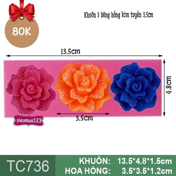 Khuôn rau câu silicon 3 bông hồng kim tuyến 3,5cm ( TC736 )