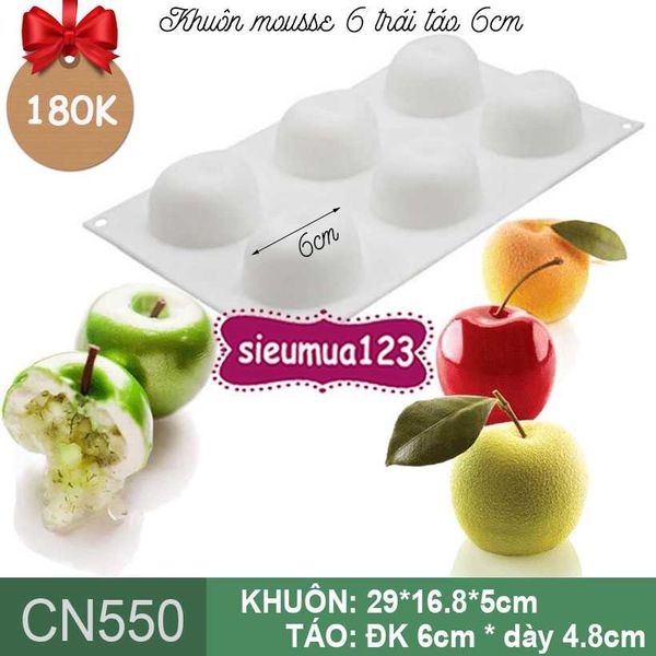 Khuôn bánh mousse silicon : Khuôn 6 trái táo 6cm ( CN550 ) KHUÔN MỎNG ( CÒN NHIỀU )