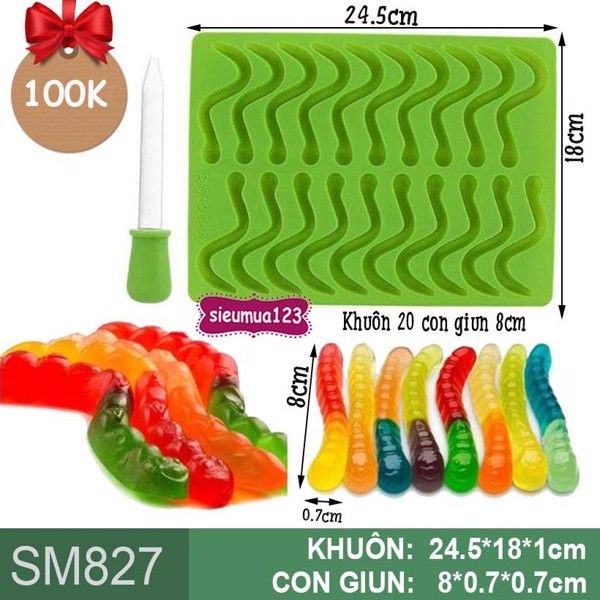 Khuôn silicon làm rau câu 20 con giun 8cm ( SM827 )