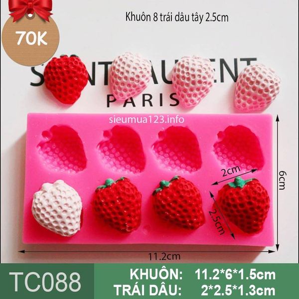 Khuôn silicon fondant 8 Trái Dâu Tây nhỏ xíu 2,5cm ( TC088 )