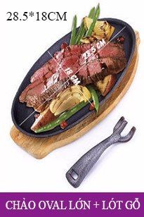 Bộ Chảo Gang Bít Tết Oval Lớn 28.5cm (Có Lót Gỗ)-  CHỈ BÁN TẠI SHOP, KO SHIP