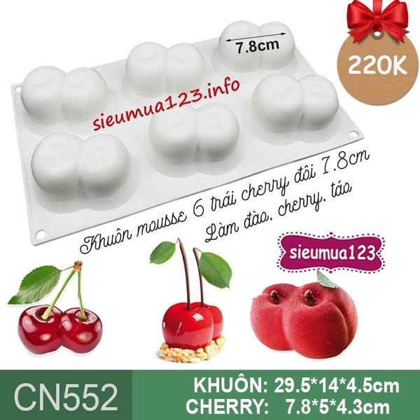 Khuôn bánh mousse silicon : Khuôn 6 trái cherry đôi 7,8cm ( CN552 ) còn 1 cái