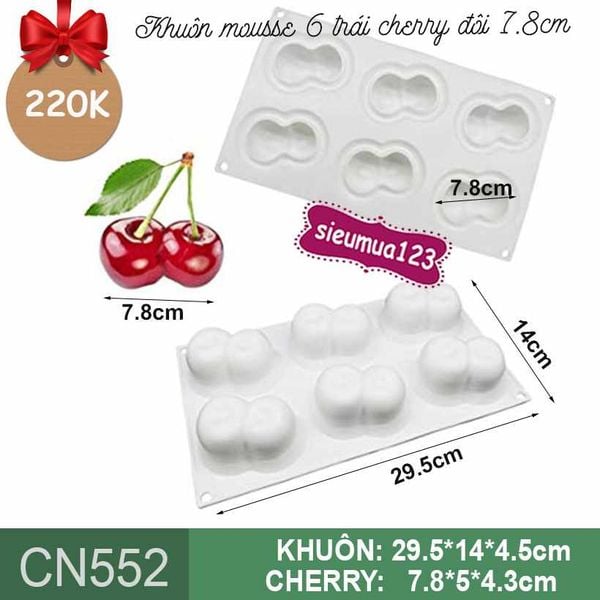 Khuôn bánh mousse silicon : Khuôn 6 trái cherry đôi 7,8cm ( CN552 ) còn 1 cái