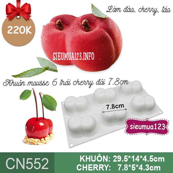 Khuôn bánh mousse silicon : Khuôn 6 trái cherry đôi 7,8cm ( CN552 ) còn 1 cái