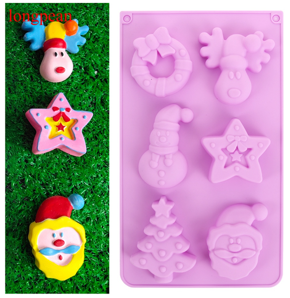 Khuôn silicon 6 tuần lộc , vòng nguyệt quế , người tuyết , ngôi sao , cây thông , ông già Santa Noel to 8cm - 9cm ( CN309 )