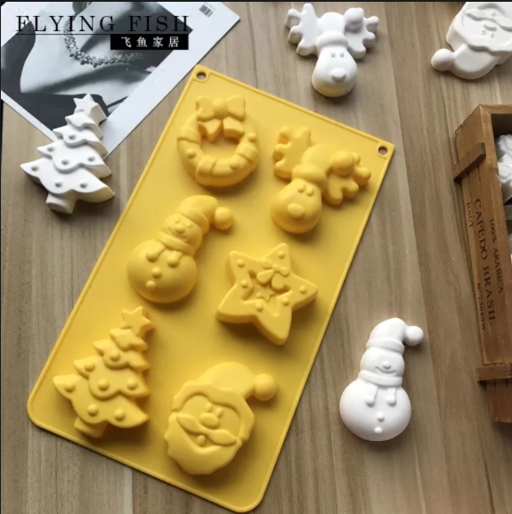 Khuôn silicon 6 tuần lộc , vòng nguyệt quế , người tuyết , ngôi sao , cây thông , ông già Santa Noel to 8cm - 9cm ( CN309 )