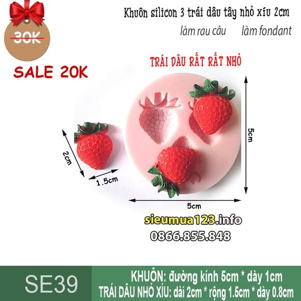 Khuôn silicon fondant 3 trái dâu tây nhỏ xíu 2cm ( SE39 )