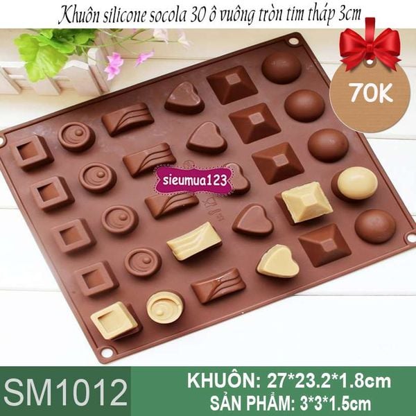 Khuôn silicon socola 30 ô vuông tròn tim tháp 3cm ( SM1012 )